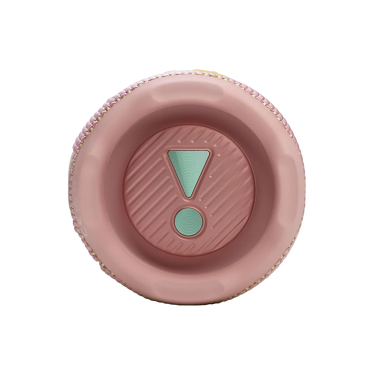 Nahaufnahme eines rosafarbenen Lautsprechers, unten mit Ausrufezeichen-Design in Mintgrün und Rippenstruktur. Rundherum rosa mit cremefarbenen Details.