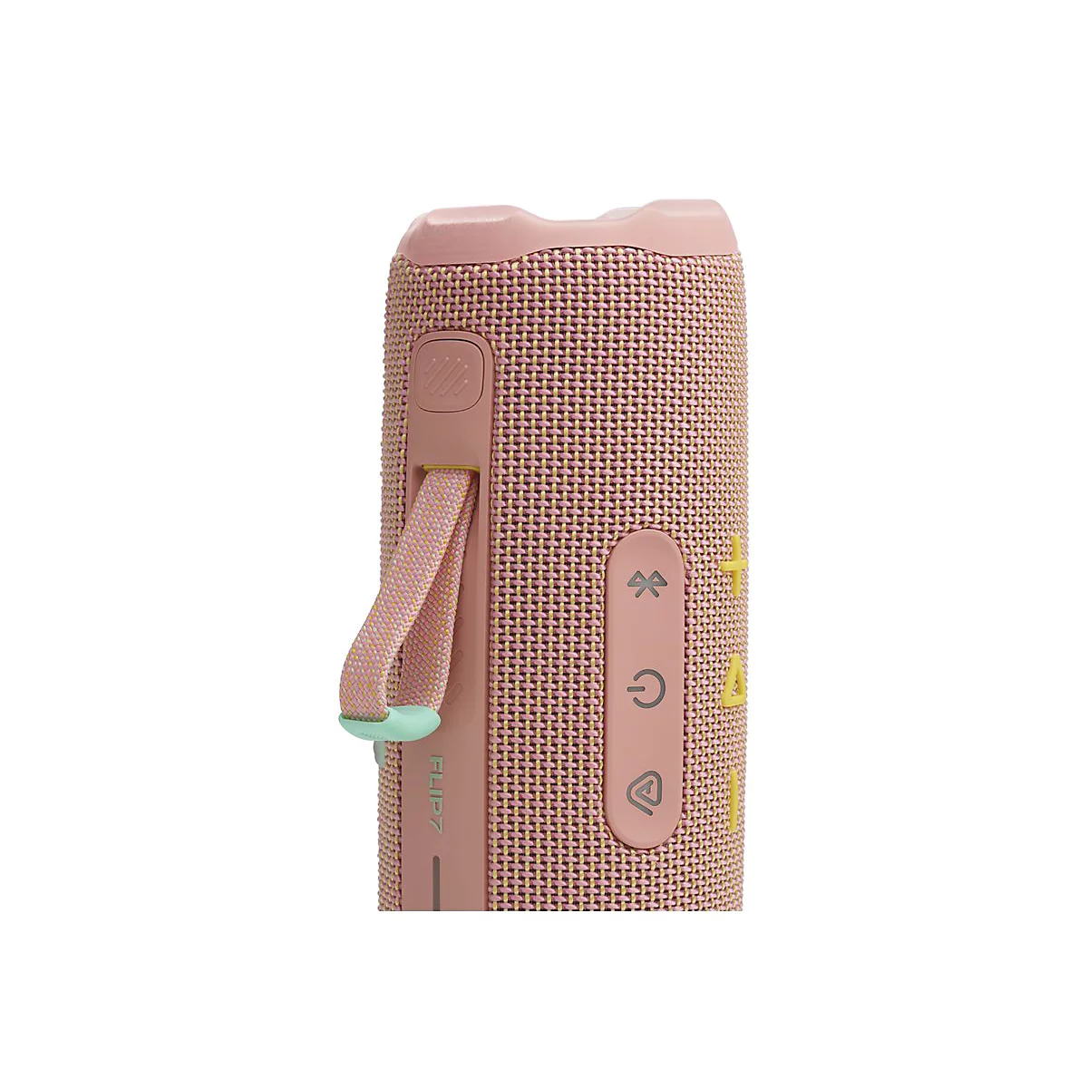 Nahaufnahme eines rosafarbenen JBL Flip 7 Lautsprechers. Auf der Seite befinden sich Knöpfe und ein Band.
