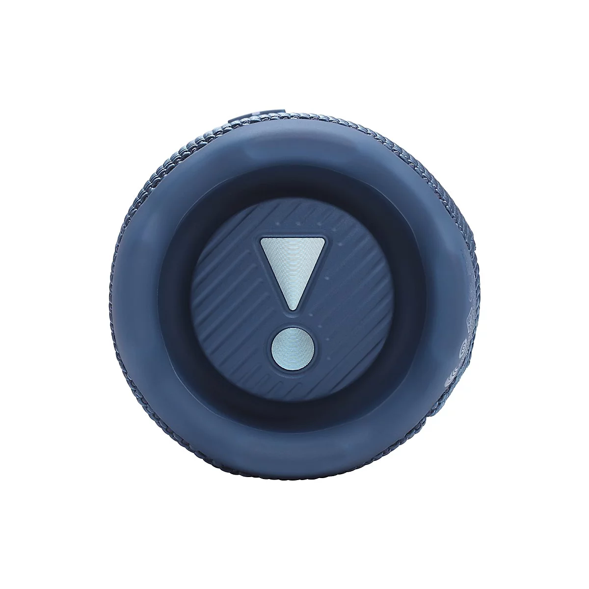 Nahaufnahme der runden, dunkelblauen Passivmembran eines Bluetooth-Lautsprechers mit mittigem JBL-Logo.