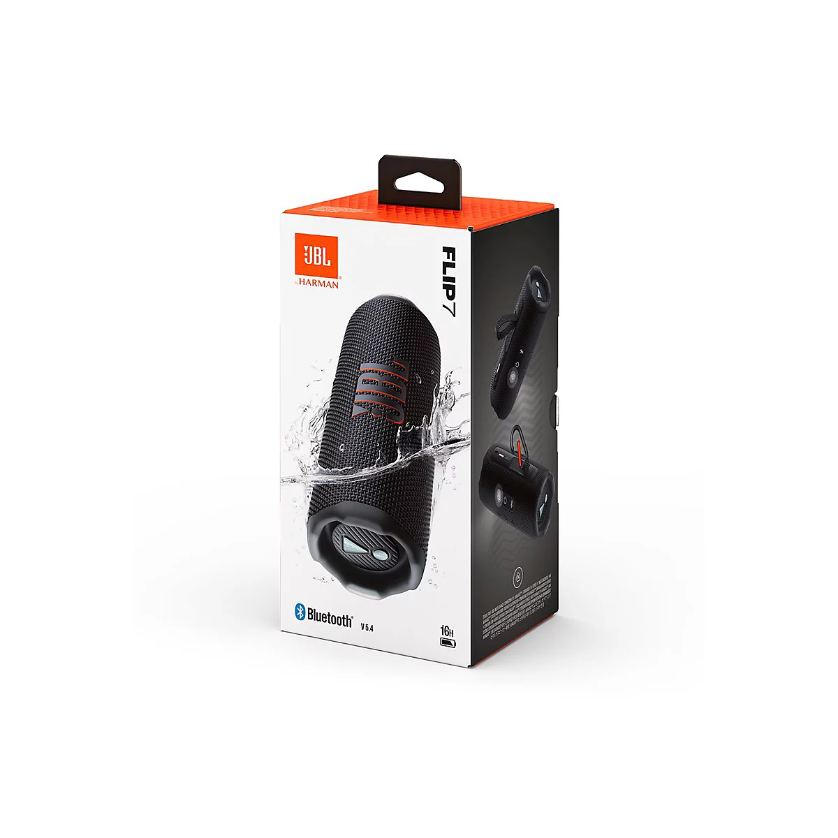 Produktverpackung des schwarzen JBL Flip 7 Bluetooth-Lautsprechers mit Wasser-Effekt.
