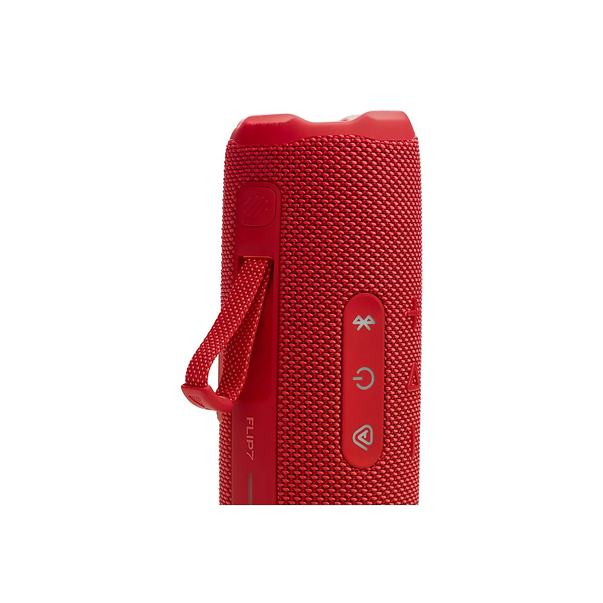 Roter, zylindrischer Bluetooth-Lautsprecher Flip 7 mit Trageschlaufe und Steuerungstasten.