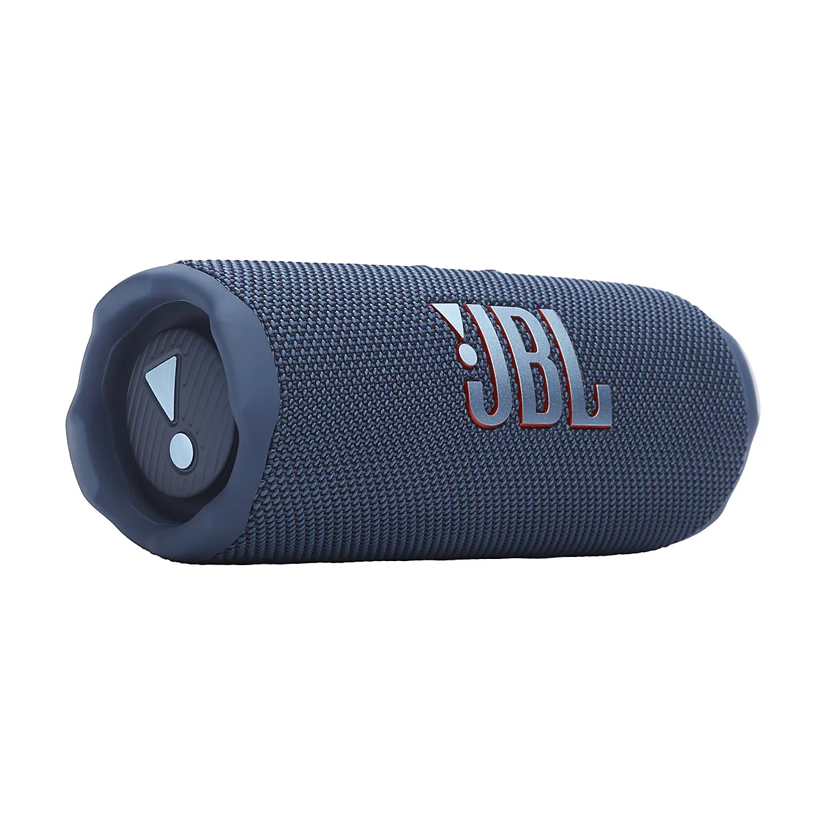 Blauer, zylinderförmiger JBL Bluetooth-Lautsprecher vor weißem Hintergrund.