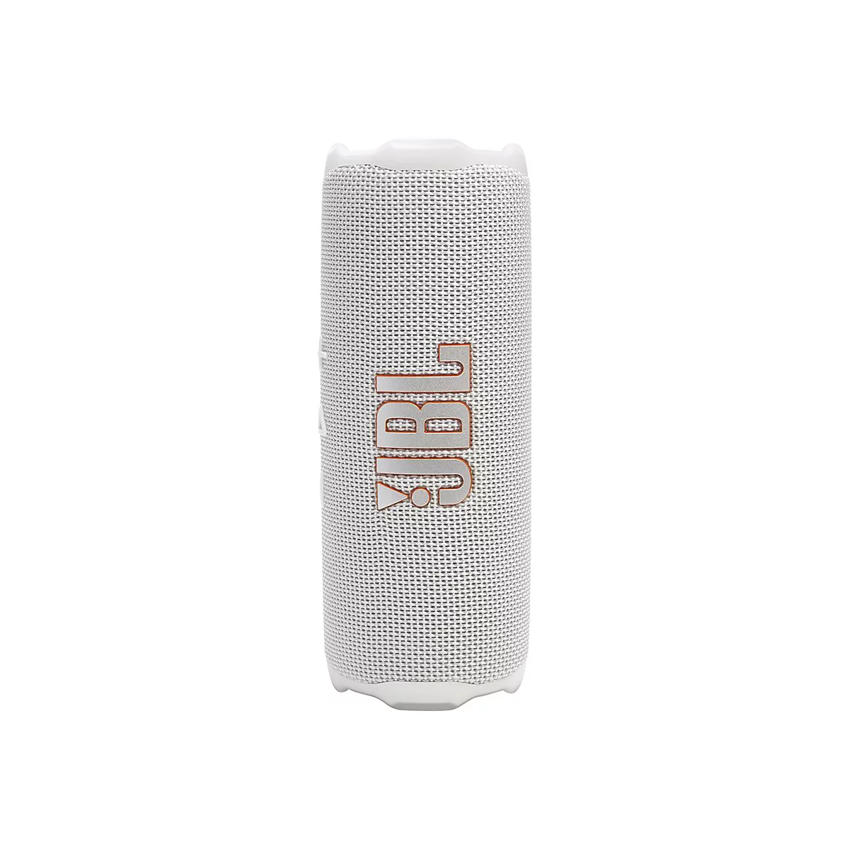 Weißer zylindrischer Bluetooth-Lautsprecher JBL Flip 6 mit großem, kupferfarbenem JBL-Logo auf der Vorderseite.
