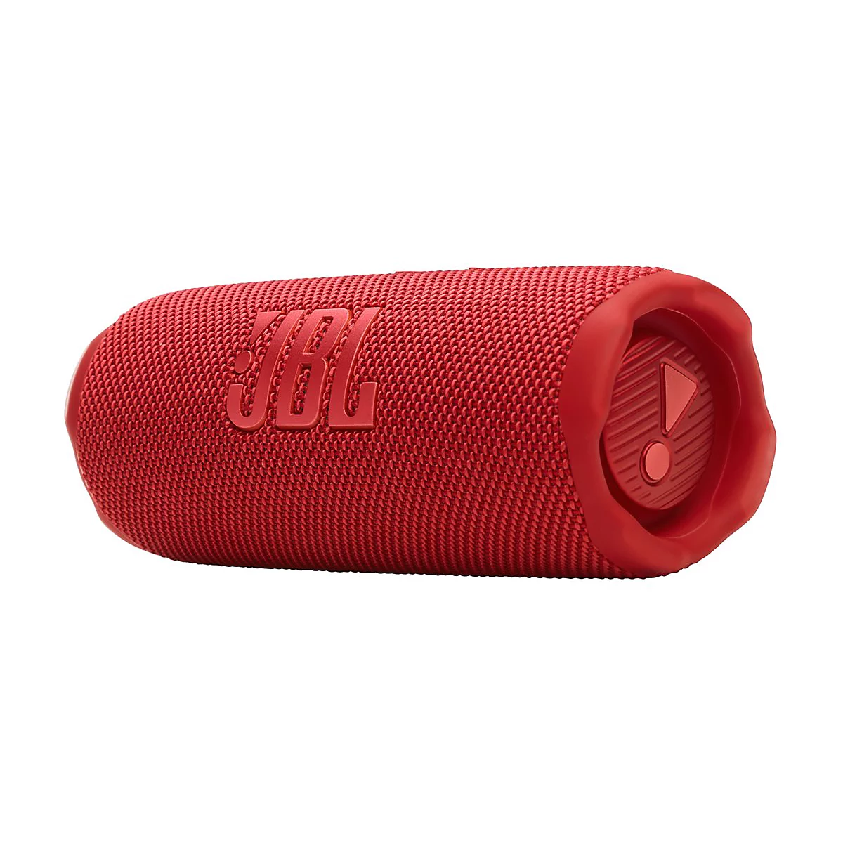 Roter, zylindrischer JBL Bluetooth-Lautsprecher vor weißem Hintergrund mit geprägtem JBL-Logo.