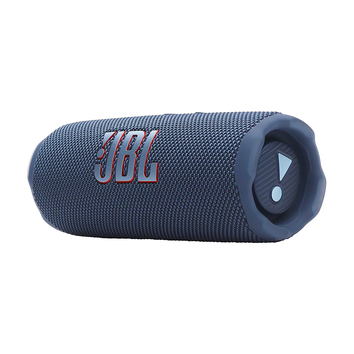 Blauer, zylinderförmiger JBL Bluetooth-Lautsprecher mit rotem Logo auf strukturiertem Gehäuse vor weißem Hintergrund.