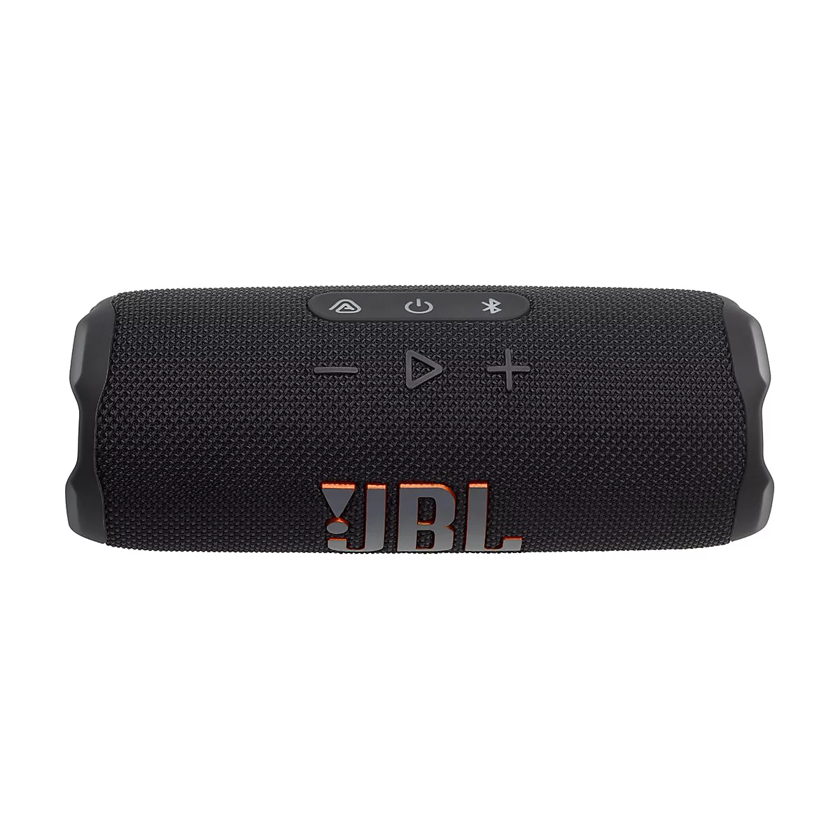 Schwarzer, zylinderförmiger JBL Bluetooth-Lautsprecher vor weißem Hintergrund mit Tasten an der Oberseite.
