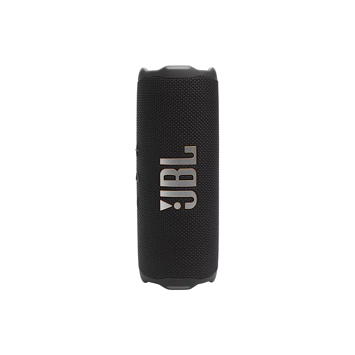 Schwarzer, zylinderförmiger JBL Bluetooth-Lautsprecher in Frontansicht vor weißem Hintergrund.