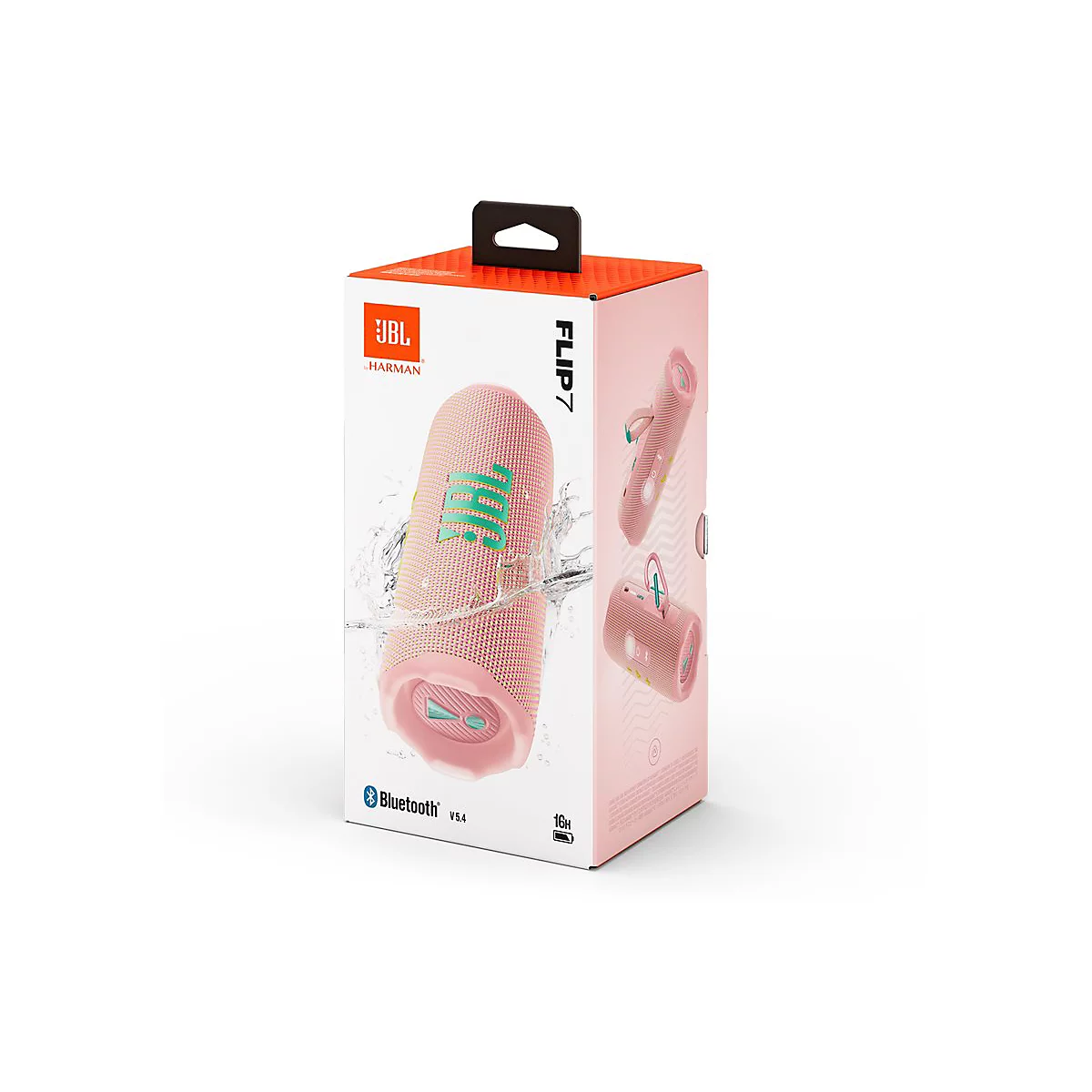 Rosa JBL Flip 7 Bluetooth-Lautsprecher in seiner Produktverpackung, umgeben von spritzendem Wasser.