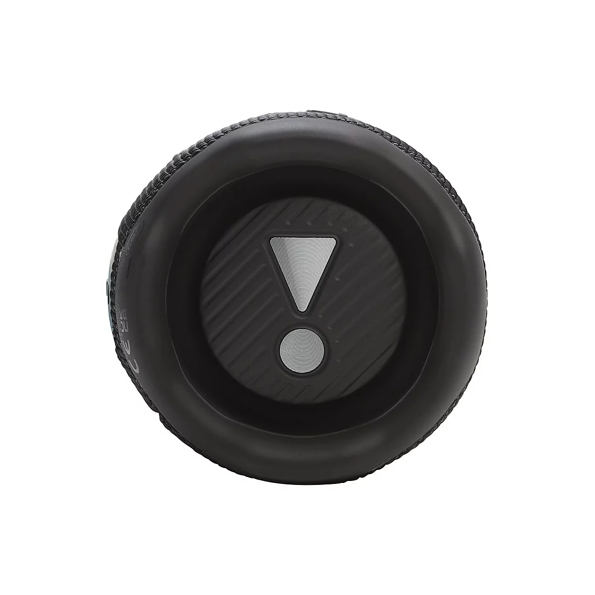 Nahaufnahme der schwarzen, runden Bassmembran eines JBL Bluetooth-Lautsprechers mit silbernem Ausrufezeichen-Logo.