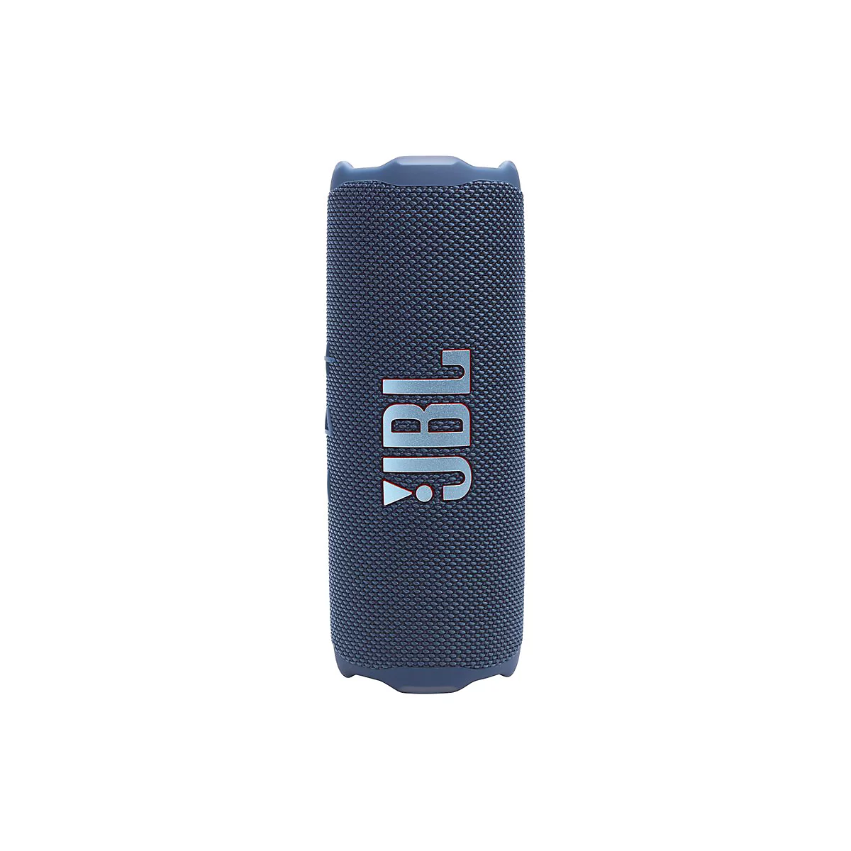 Blauer, zylindrischer JBL Bluetooth-Lautsprecher vor weißem Hintergrund mit großem JBL-Logo auf der Vorderseite.