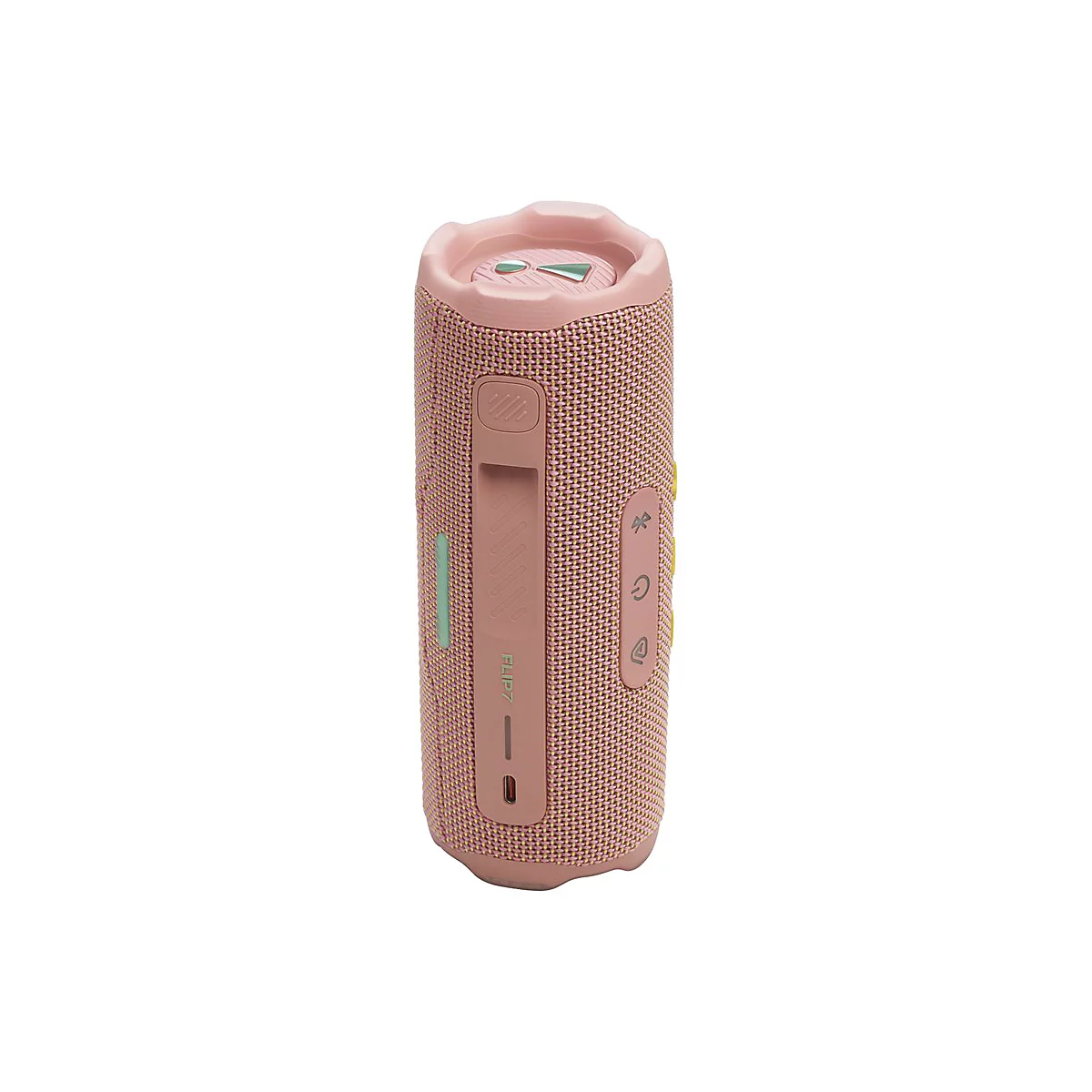Rosa JBL Flip 7 Bluetooth-Lautsprecher vor weißem Hintergrund.