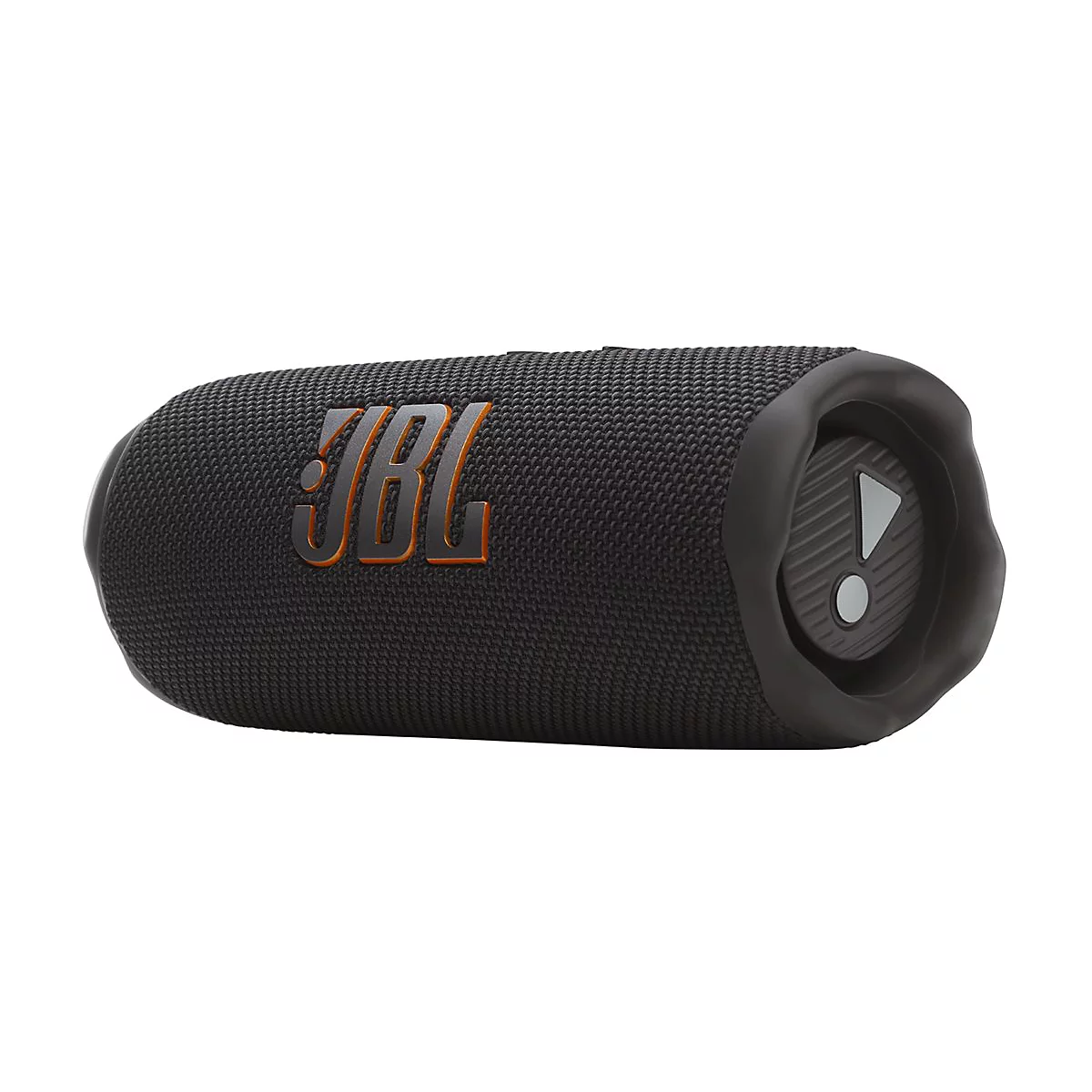 Schwarzer, zylinderförmiger JBL Bluetooth-Lautsprecher mit orangefarbenem Logo auf strukturiertem Stoffgehäuse.