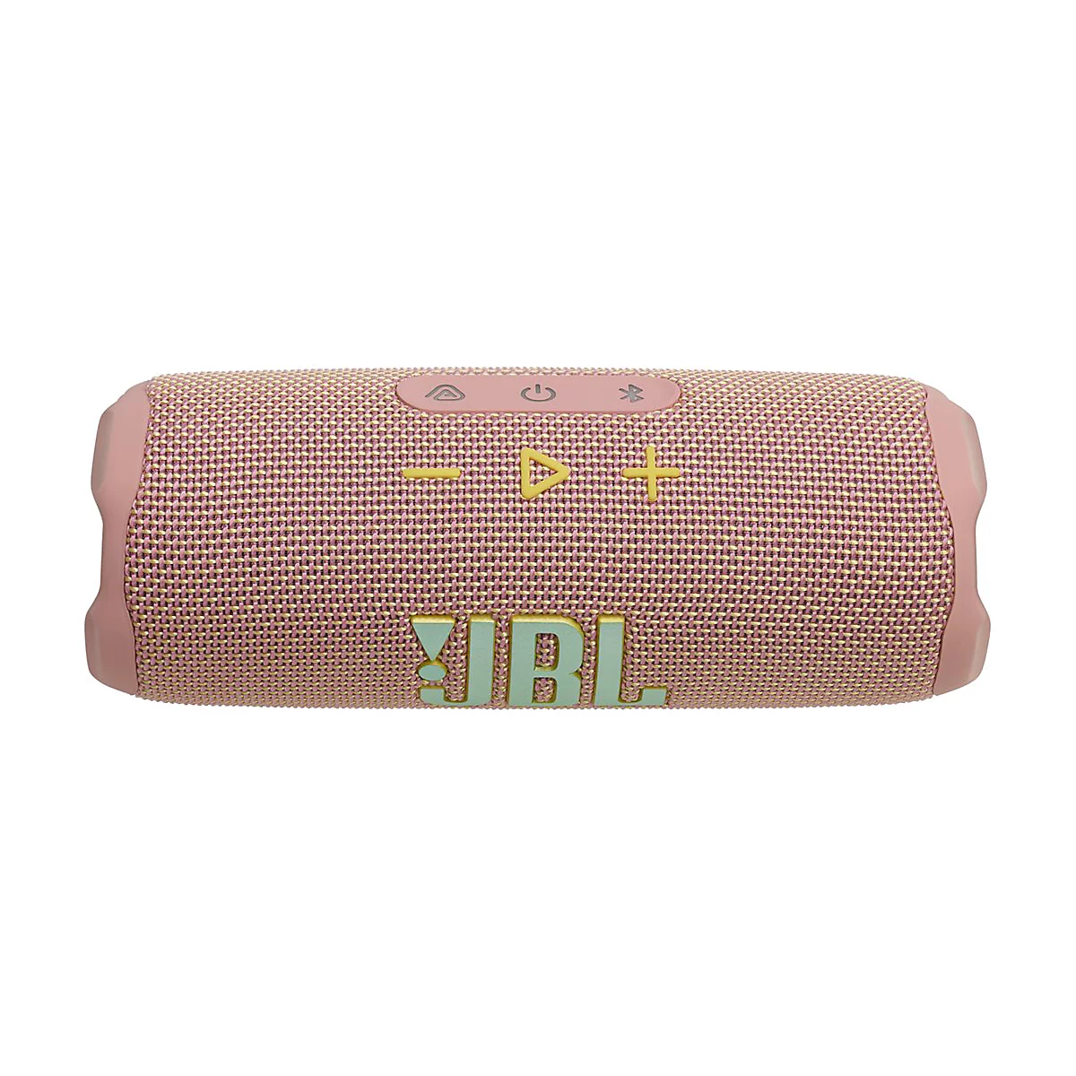 Rosa JBL Bluetooth-Lautsprecher vor weißem Hintergrund mit gelben Tasten und Logo.
