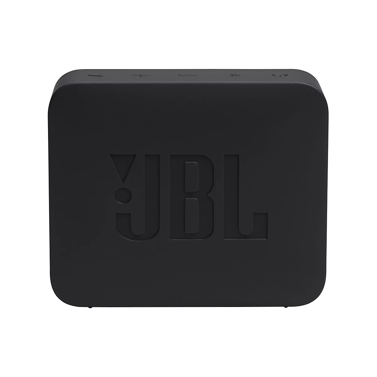 Schwarzer, quadratischer JBL Lautsprecher von vorne mit geprägtem Logo und Bedienknöpfen oben.