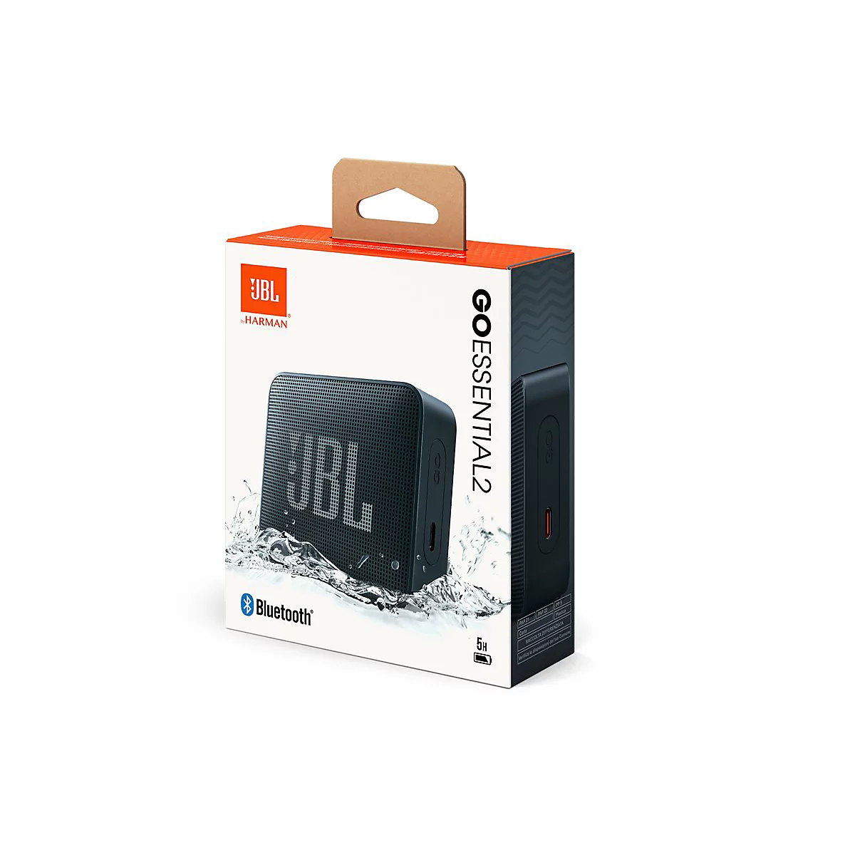 Verkaufsverpackung des schwarzen JBL Go Essential 2 Bluetooth-Lautsprechers mit Wasser-Grafik.