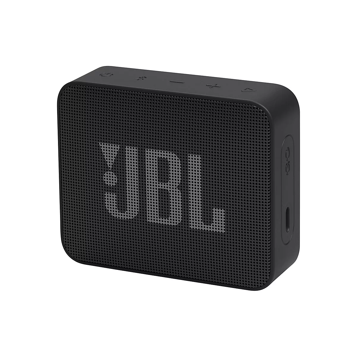 Schwarzer, quadratischer JBL Bluetooth-Lautsprecher vor weißem Hintergrund.