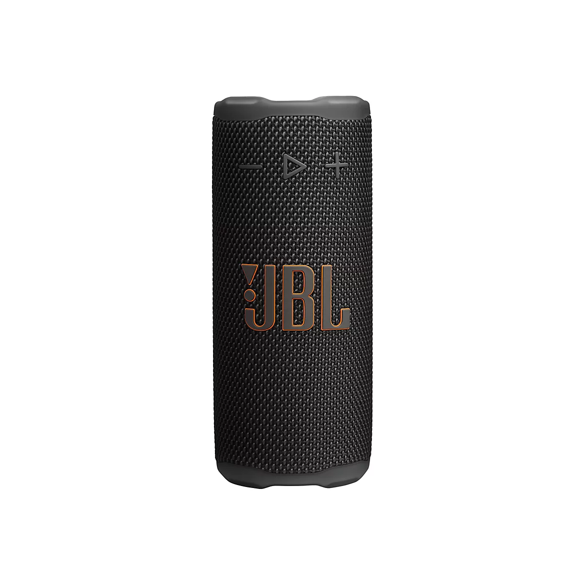 Schwarzer, zylinderförmiger JBL Bluetooth-Lautsprecher vor weißem Hintergrund mit orangefarbenem Logo.