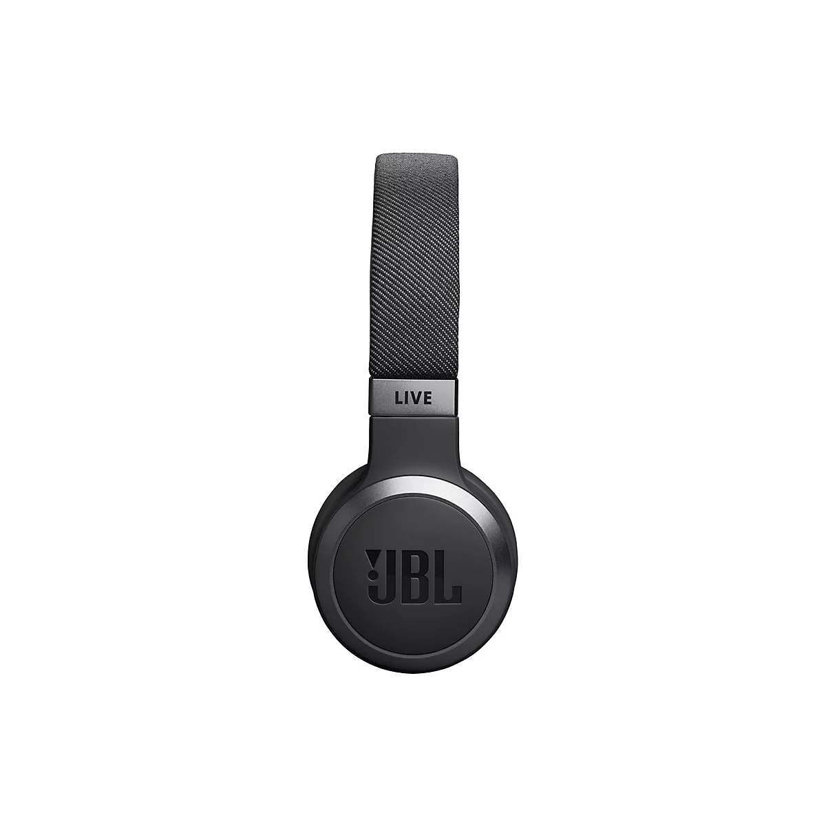 Schwarzer JBL Over-Ear-Kopfhörer mit Stoffbügel und JBL-Logo auf der Ohrmuschel, vor weißem Hintergrund.