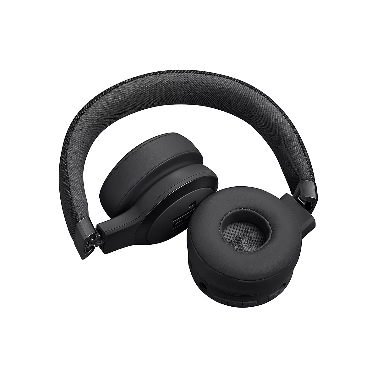Schwarze kabellose On-Ear-Kopfhörer mit gepolstertem Kopfbügel vor weißem Hintergrund.