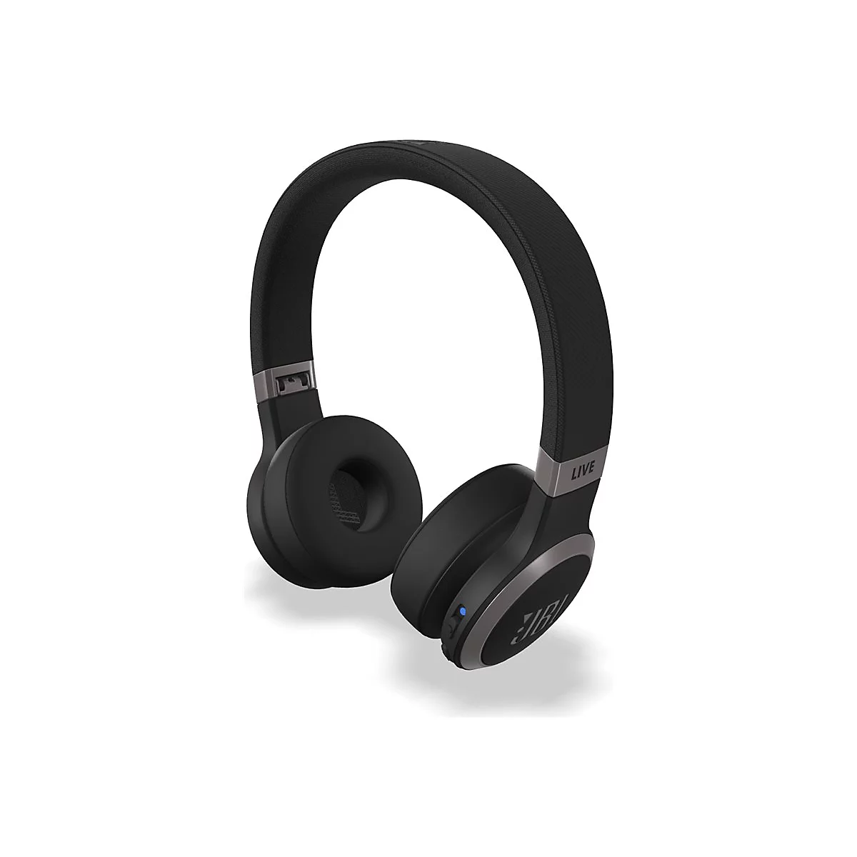 Schwarze kabellose JBL Live On-Ear-Kopfhörer mit gepolstertem Kopfbügel vor weißem Hintergrund.