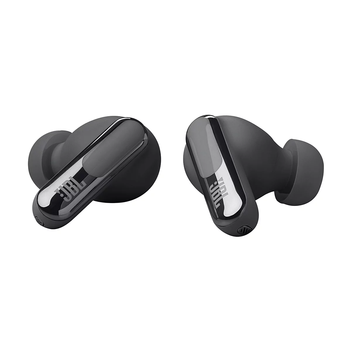 Zwei graue JBL True Wireless Kopfhörer auf weißem Hintergrund.