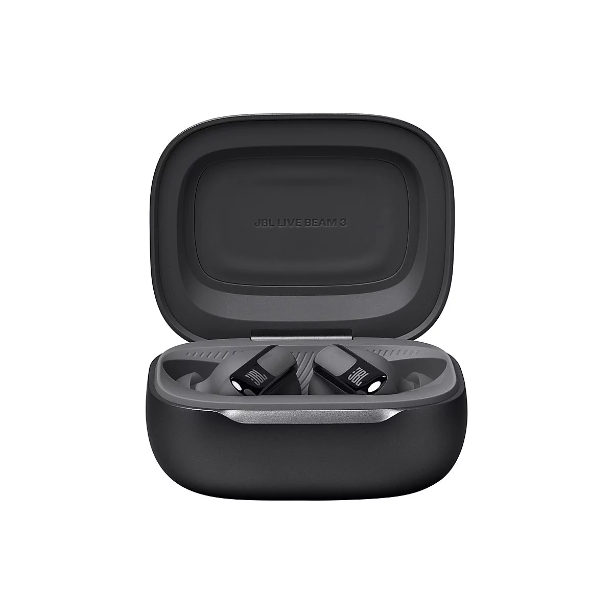 Schwarze JBL Live Beam 3 In-Ear-Kopfhörer in geöffneter Ladebox. Gehäuse mit JBL-Logo und Produktbezeichnung.