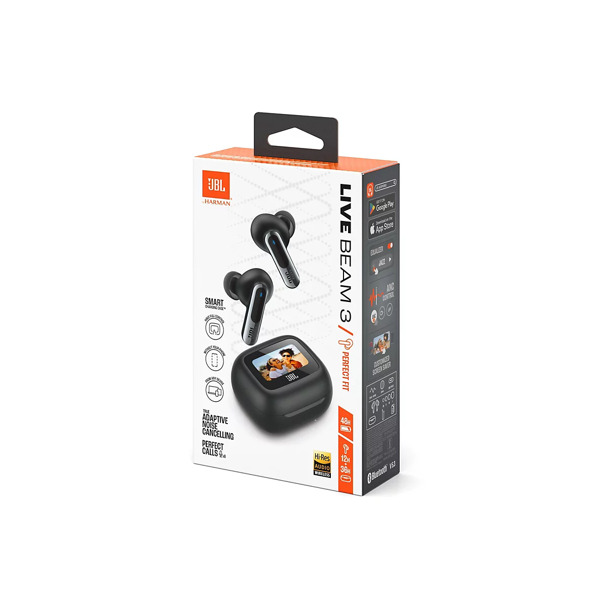 Verpackung der JBL Live Beam 3 Ohrhörer. Abgebildet sind die Kopfhörer in Schwarz, eine Ladebox und Textinformationen über das Produkt.
