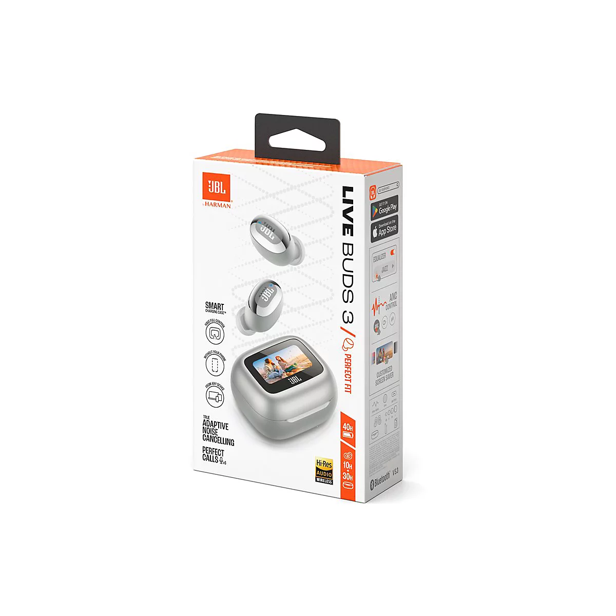 Verpackung der JBL LIVE BUDS 3. Aufdruck mit Produktbildern, Markenlogo, Produktname und Eigenschaften. Silberne Kopfhörer und Ladecase.