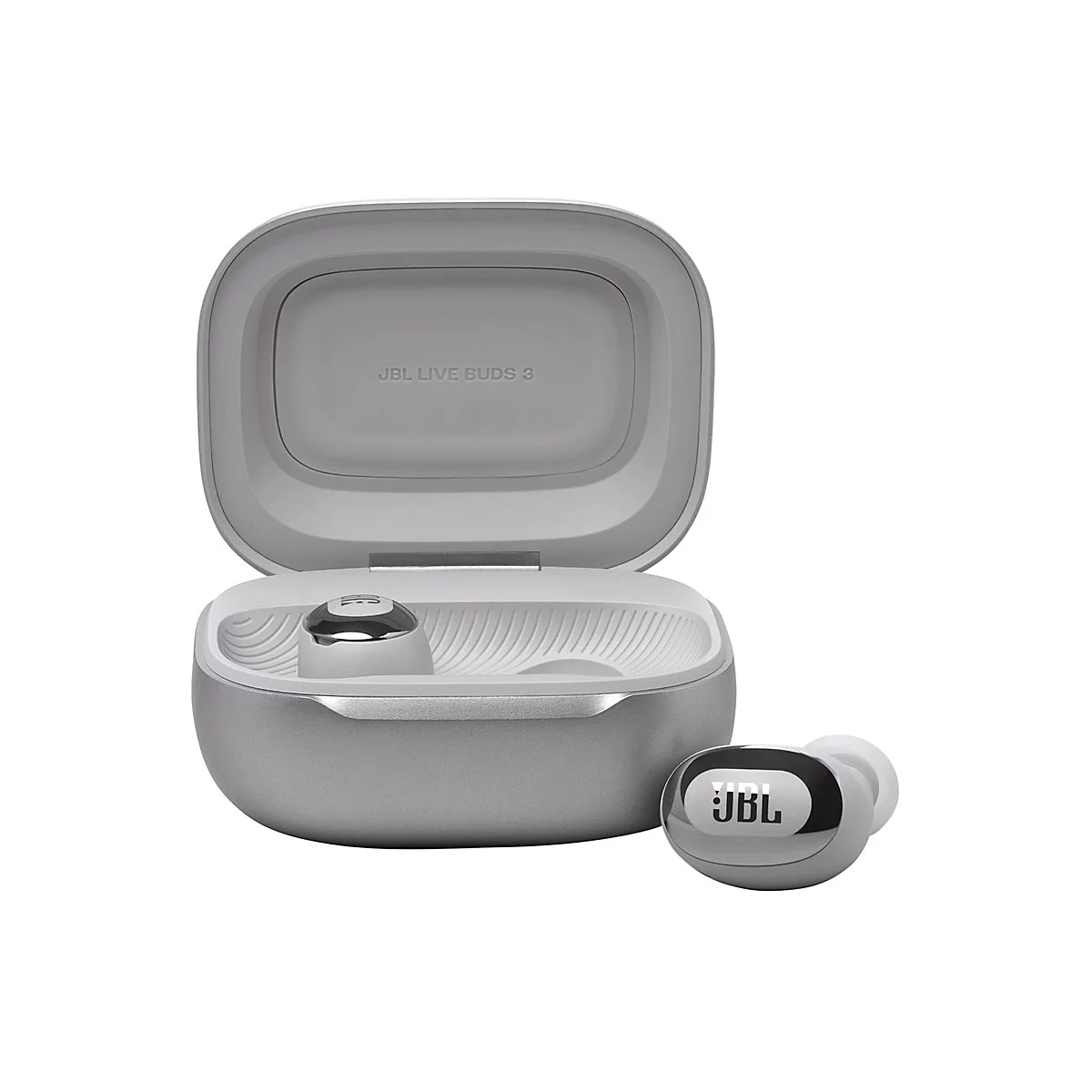 Graues Ladecase und Kopfhörer von JBL, Case offen. Aufschrift JBL LIVE BUDS 3.