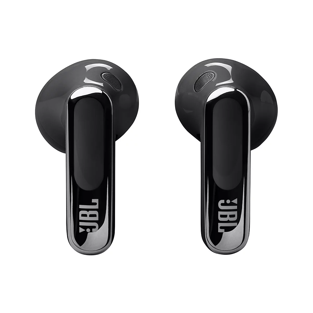 Zwei schwarze JBL-Kopfhörer vor weißem Hintergrund. Die Kopfhörer haben einen langen, glänzenden Stiel mit dem JBL-Logo.