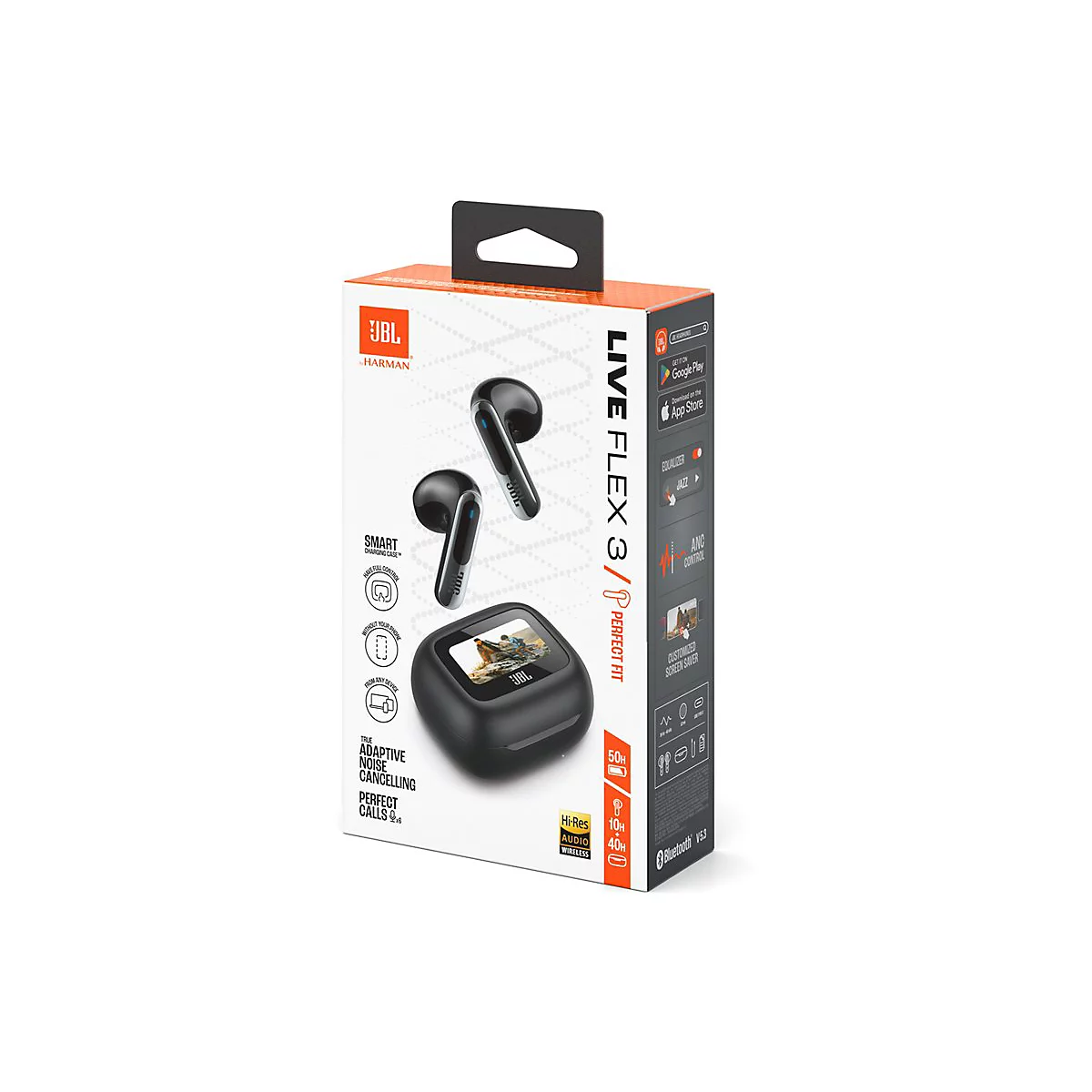 Produktverpackung von JBL Live Flex 3 Ohrhörern. Die Verpackung zeigt die Ohrhörer und Ladecase, sowie Produktinformationen.