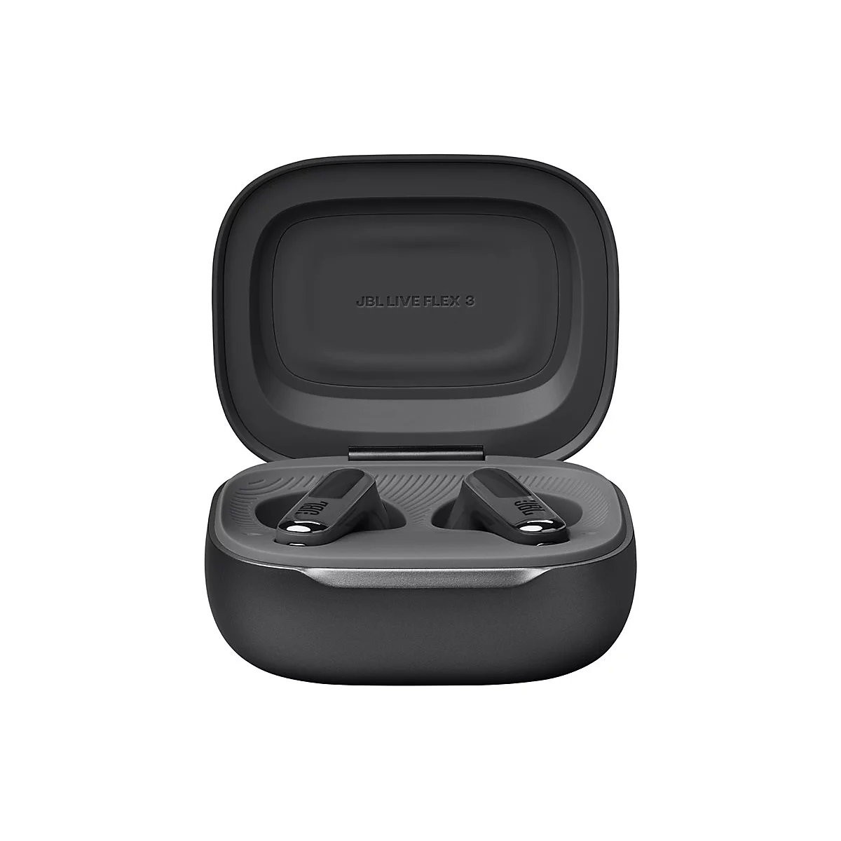 Dunkelgraue JBL Live Flex 3 Kopfhörer in ihrem Ladeetui, das geöffnet ist. Auf dem Etui steht "JBL LIVE FLEX 3".
