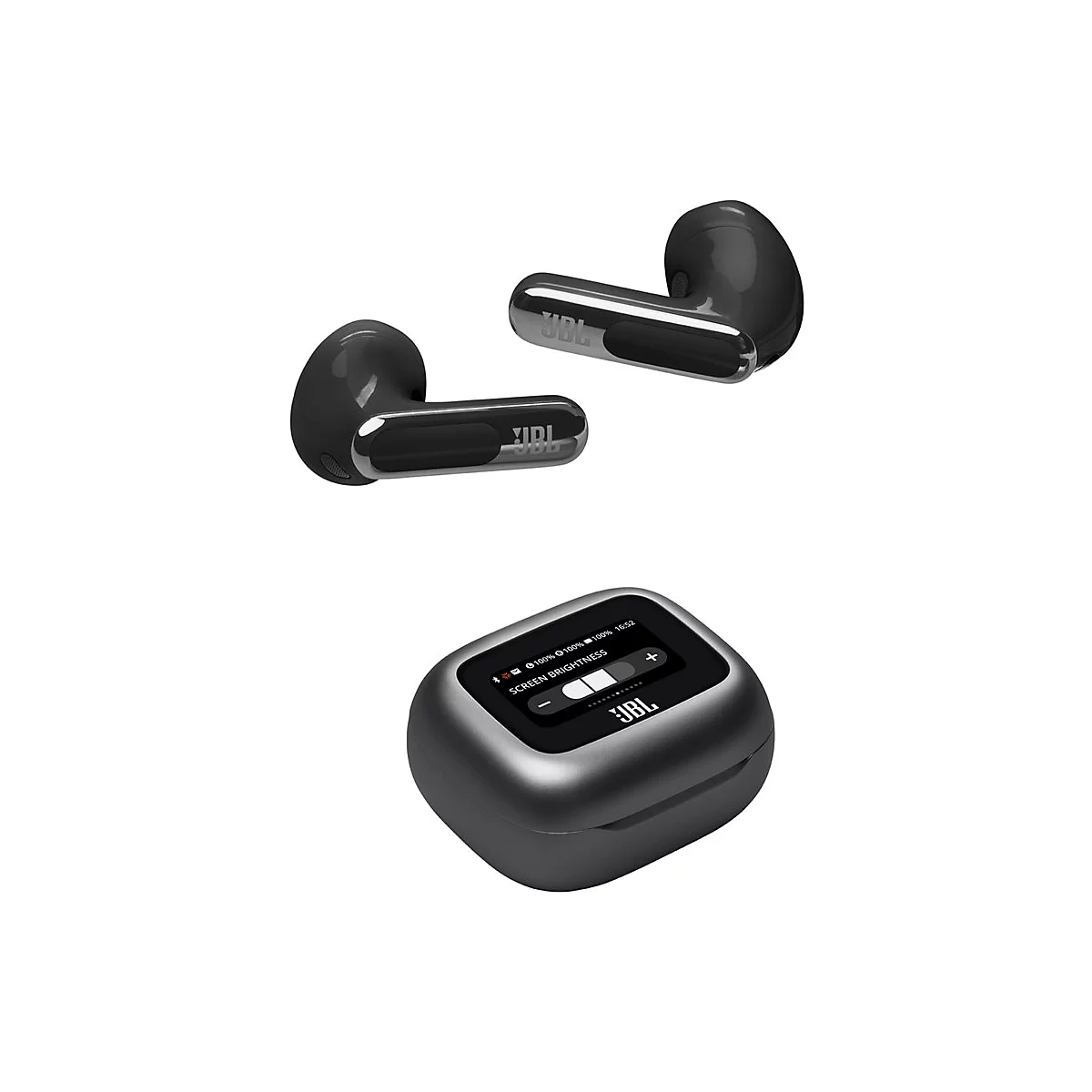 Drahtlose, schwarze Ohrhörer und eine Ladebox mit Display und JBL-Logo. Bildschirm zeigt Helligkeitseinstellungen.