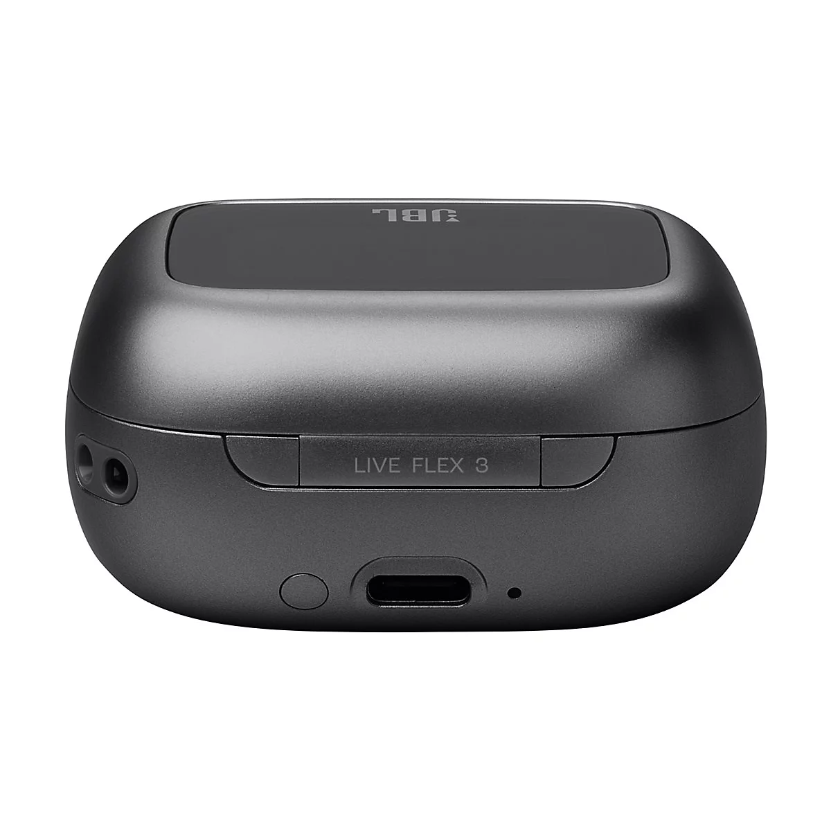 Dunkelgraues Ladecase für JBL Live Flex 3. Mit Logo und Schriftzug.