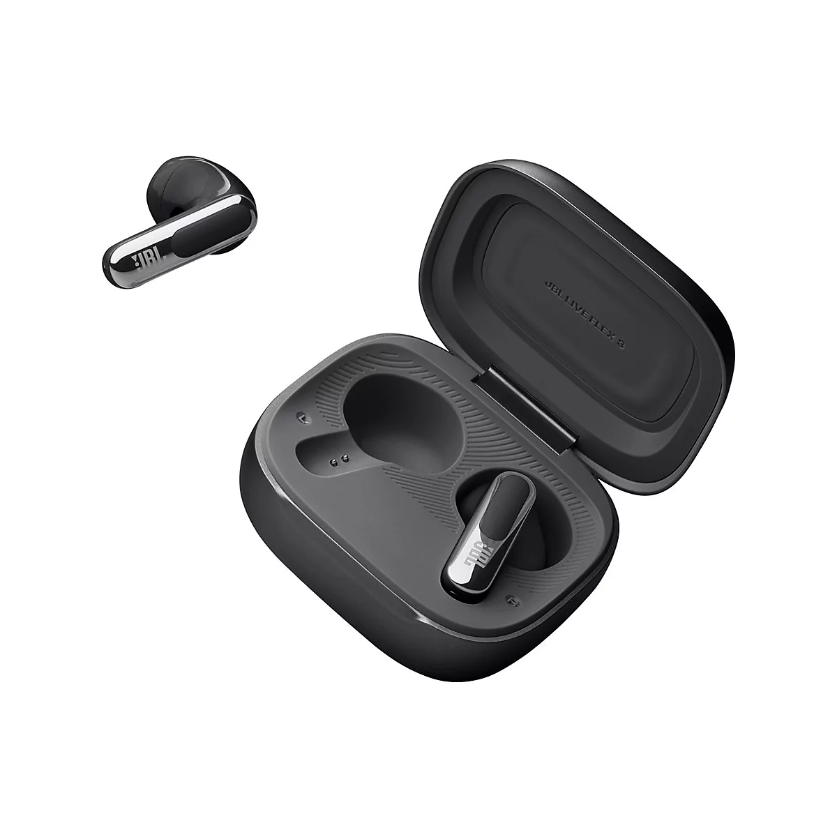 Draufsicht auf schwarze JBL Live Flex 3 Kopfhörer mit Ladecase. Ein Kopfhörer außerhalb des Cases.