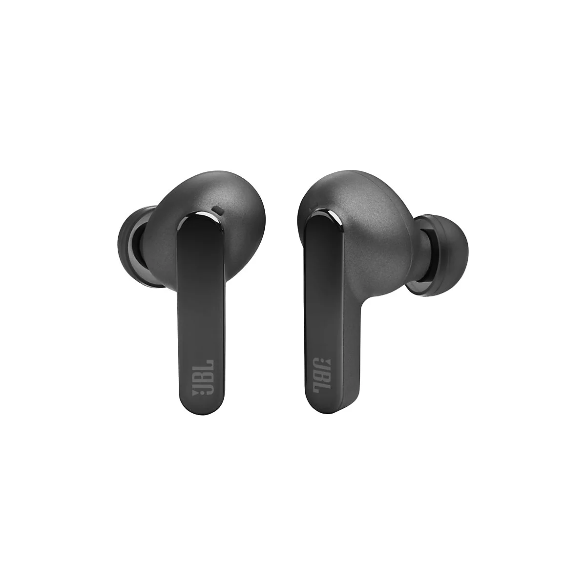 Zwei schwarze JBL-Kopfhörer, nah aufgenommen, mit JBL-Logo auf der Basis.