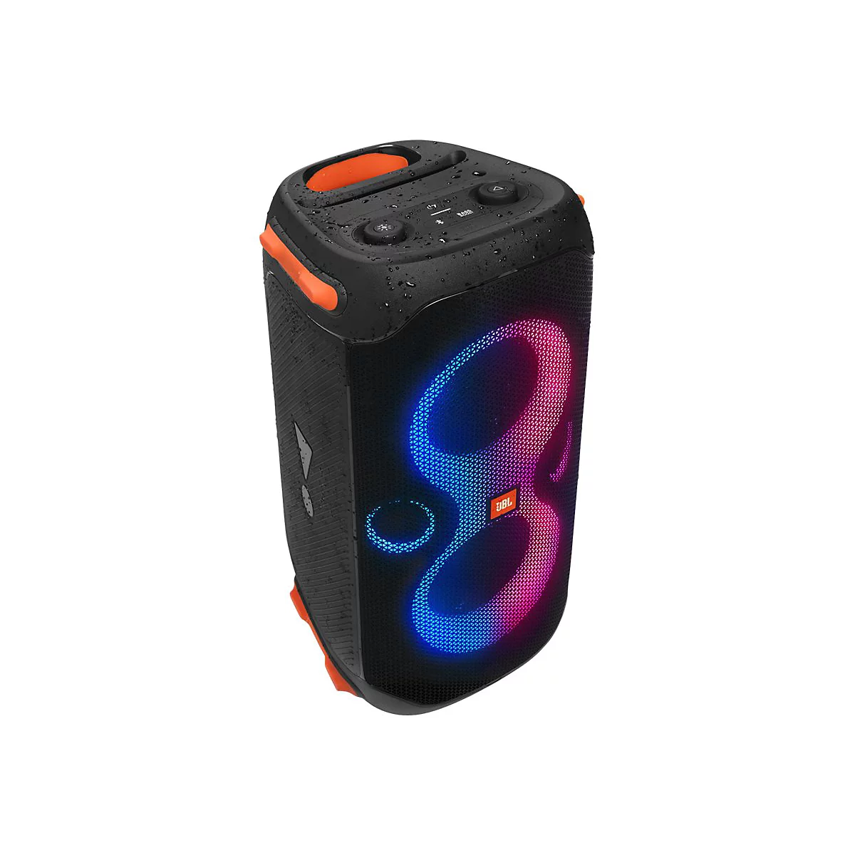 Schwarzer Bluetooth-Lautsprecher mit orangefarbenen Akzenten, LED-Beleuchtung und JBL-Logo. 