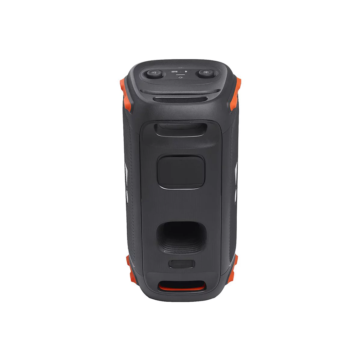 Draufsicht auf einen schwarzen JBL-Lautsprecher mit orangefarbenen Akzenten. Oben befinden sich Bedienelemente.