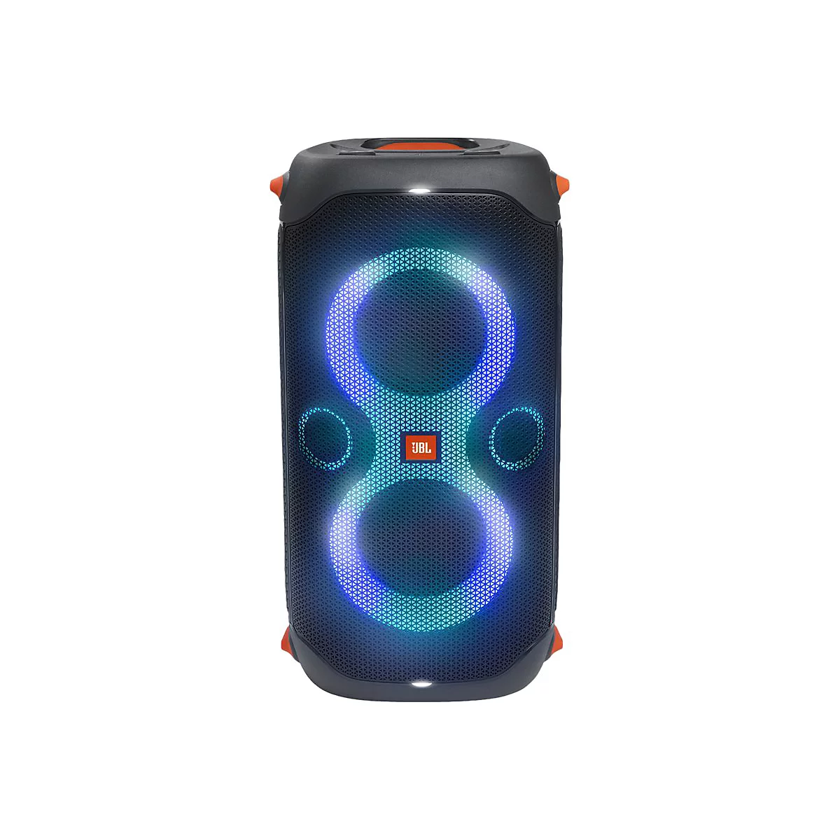 Dunkler Bluetooth-Lautsprecher mit leuchtenden blauen und grünen Mustern. Auf der Vorderseite befindet sich das JBL-Logo.
