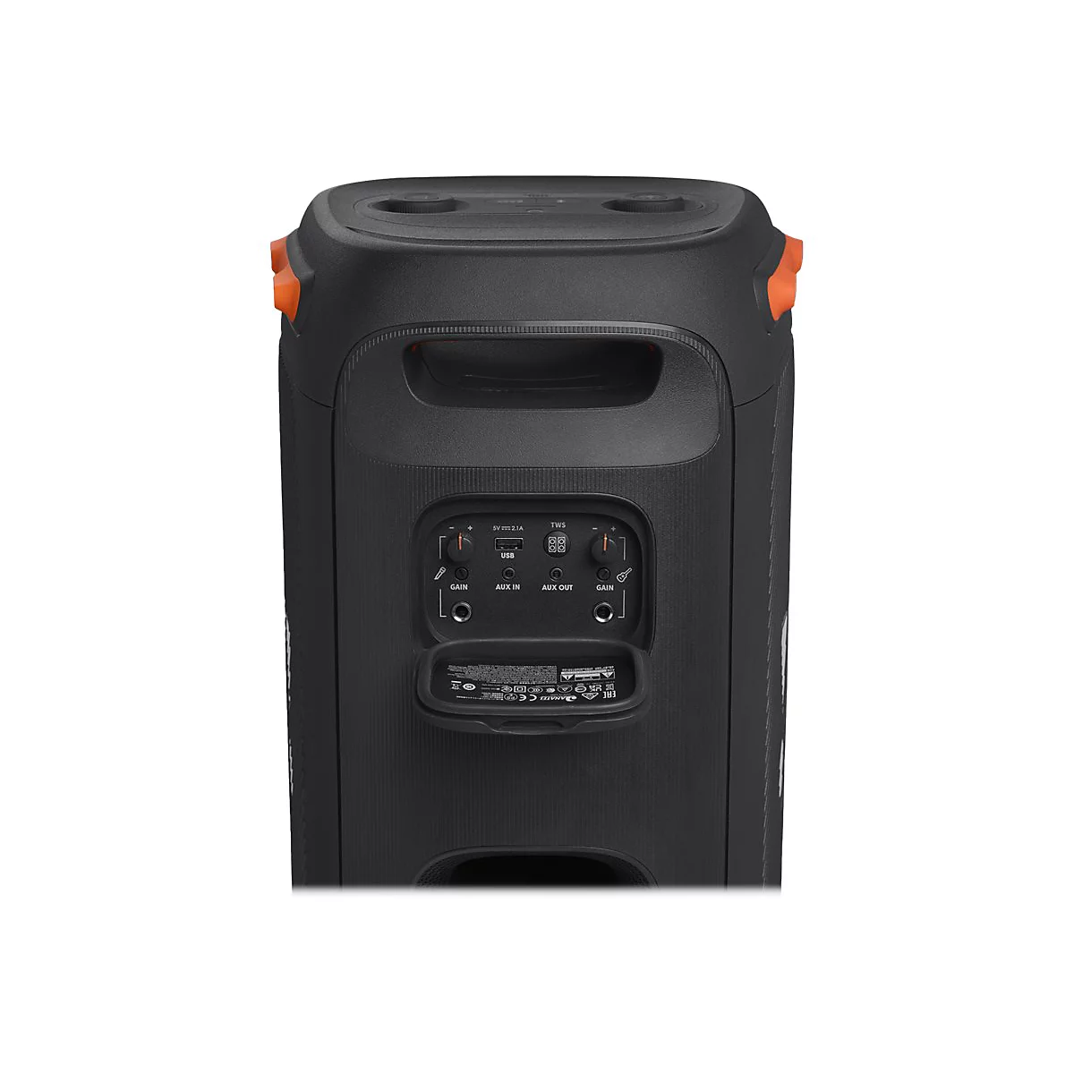 Nahaufnahme eines schwarzen Lautsprechers mit orangefarbenen Akzenten. Auf der Rückseite Anschlüsse für USB, Aux-In und Aux-Out.