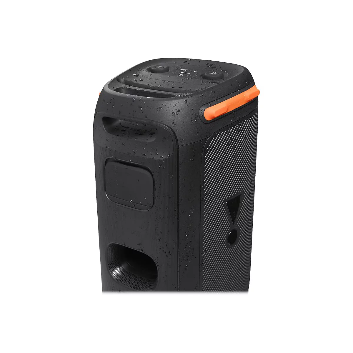 Schwarzer, vertikaler JBL-Lautsprecher mit orangefarbenem Griff. Wassertropfen bedecken die Oberfläche, Tasten auf der Oberseite.