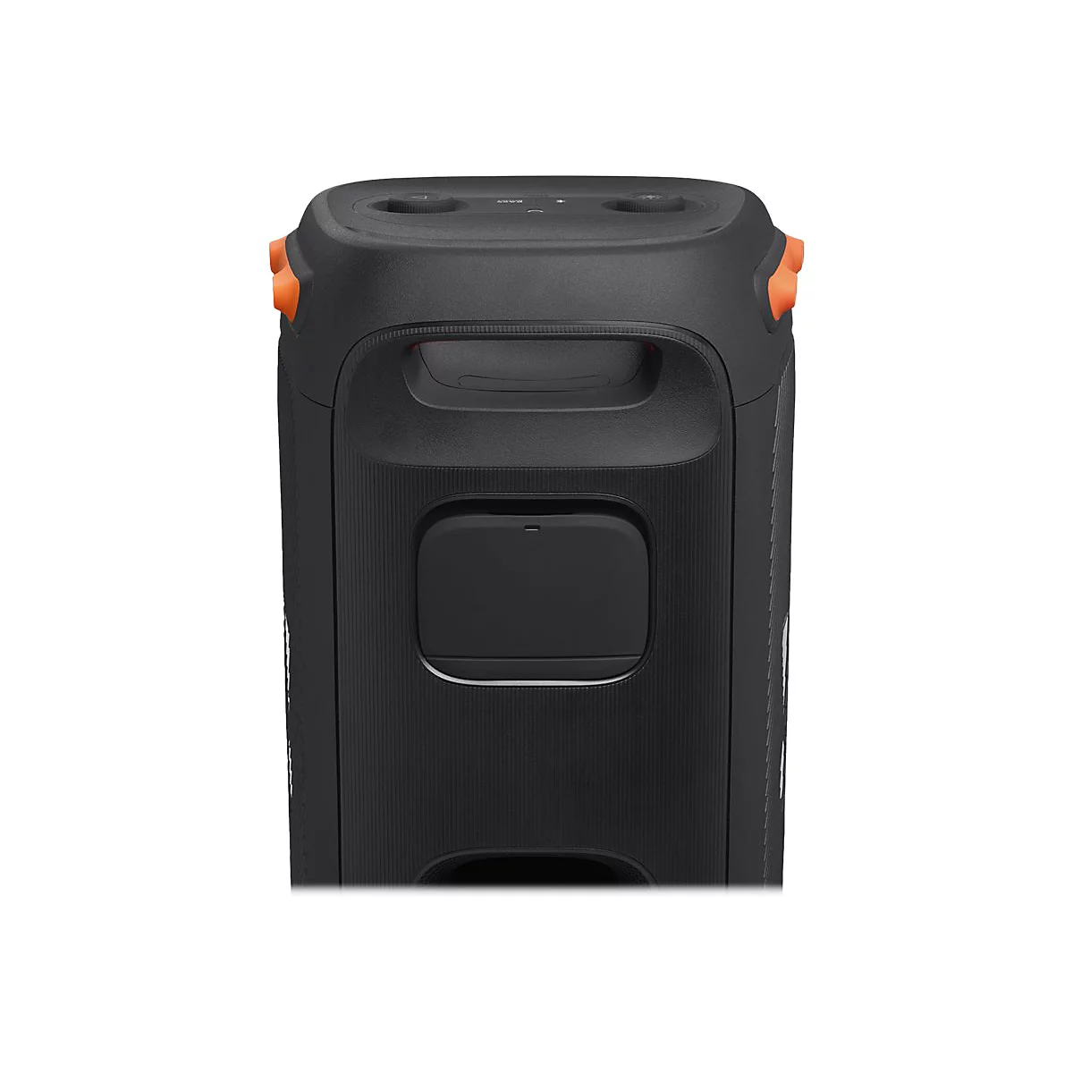 Schwarzer Bluetooth-Lautsprecher mit orangefarbenen Akzenten, Griff und Knöpfen oben.