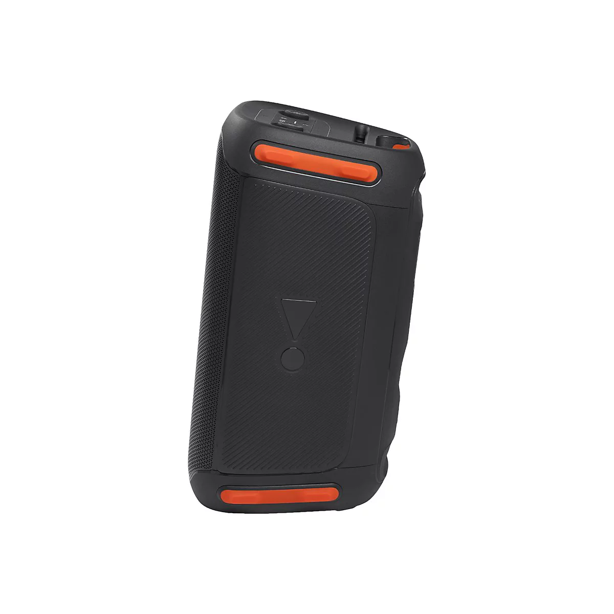 Schwarzer Bluetooth-Lautsprecher mit orangefarbenen Akzenten. JBL-Logo, rechteckige Form, leicht schräg vor weißem Hintergrund.