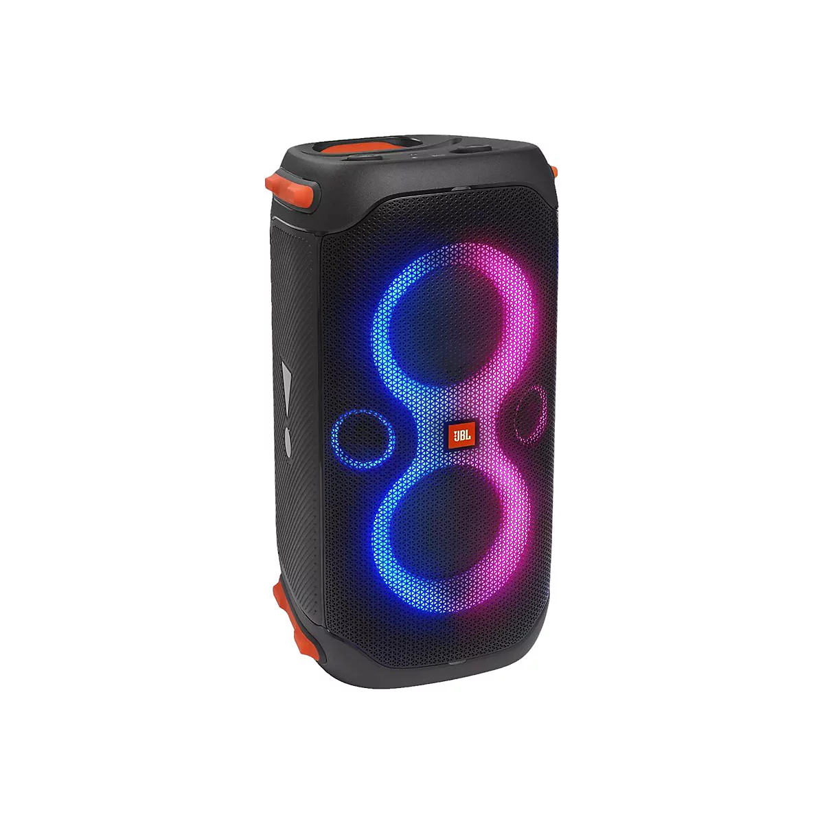 Schwarzer JBL-Bluetooth-Lautsprecher mit blau-pinkfarbener Lichtshow.