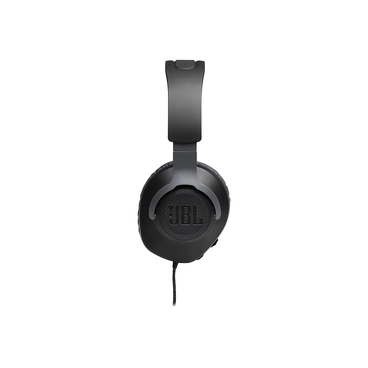 Schwarzer JBL-Kopfhörer mit grauen Details, Kabel. Frontansicht, freigestellt.