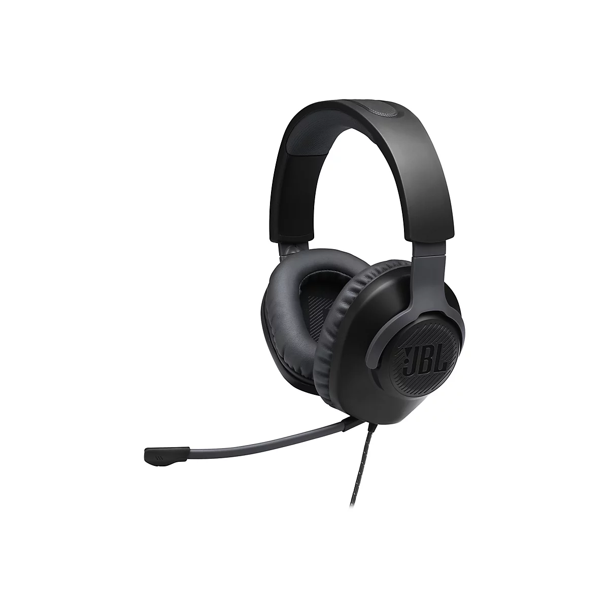 Schwarzes Gaming-Headset mit Mikrofon, JBL-Logo auf Ohrmuschel. Kabelanschluss.