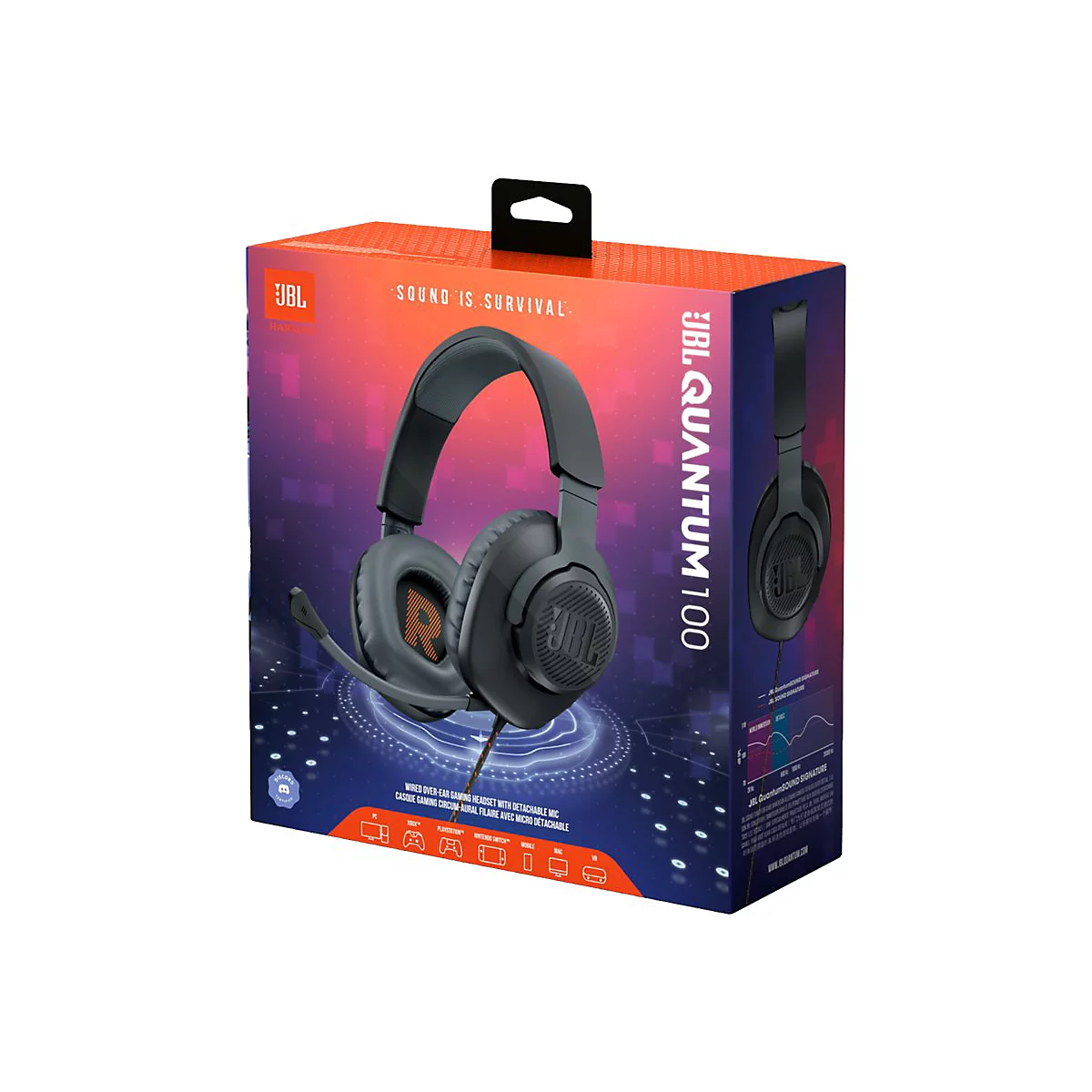 Dunkelgrauer JBL Quantum 100 Gaming-Kopfhörer auf einer Produktverpackung mit Aufschrift. Das Logo JBL ist sichtbar.