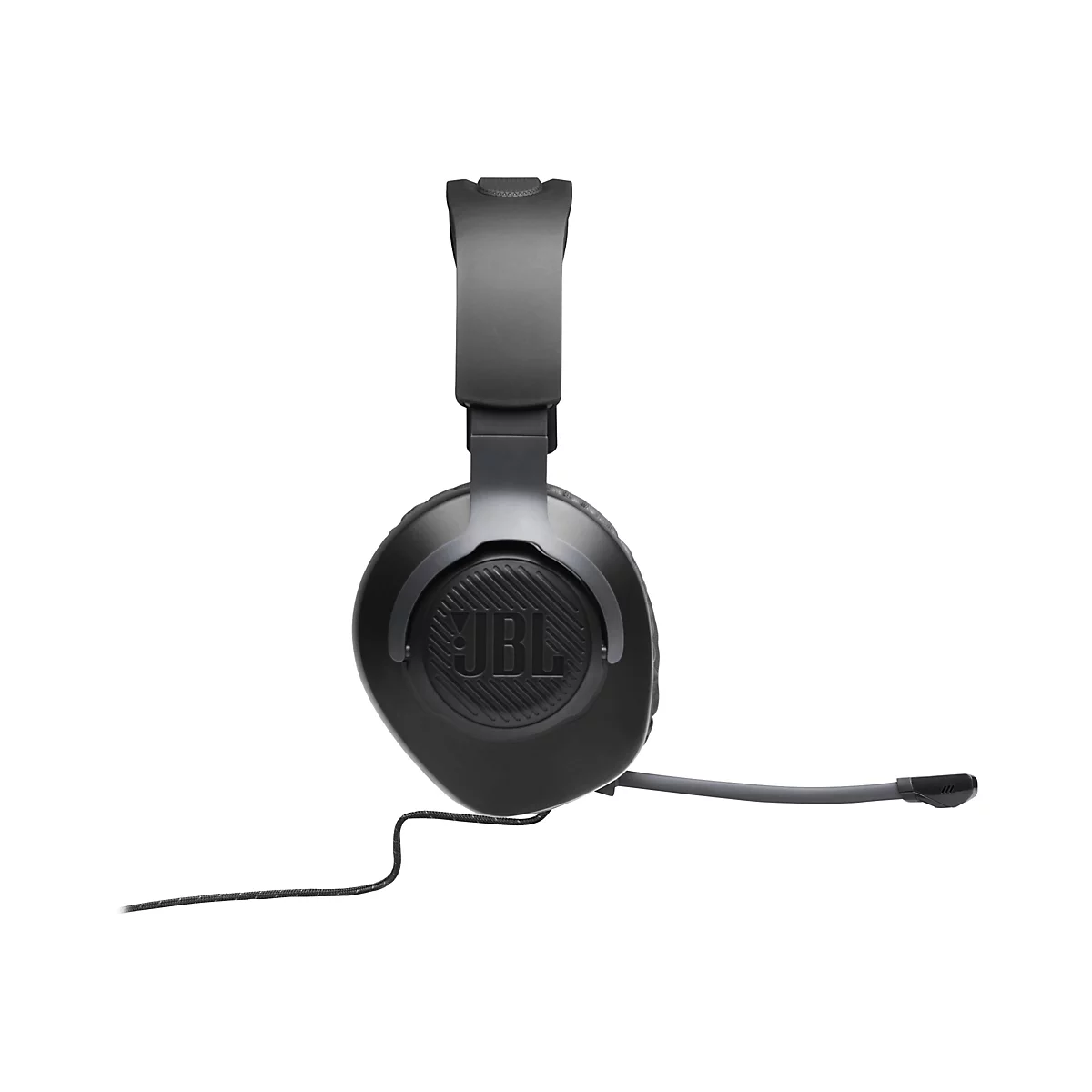 Schwarzes JBL-Gaming-Headset mit Mikrofon und Kabel. Der Kopfhörer hat das JBL-Logo.