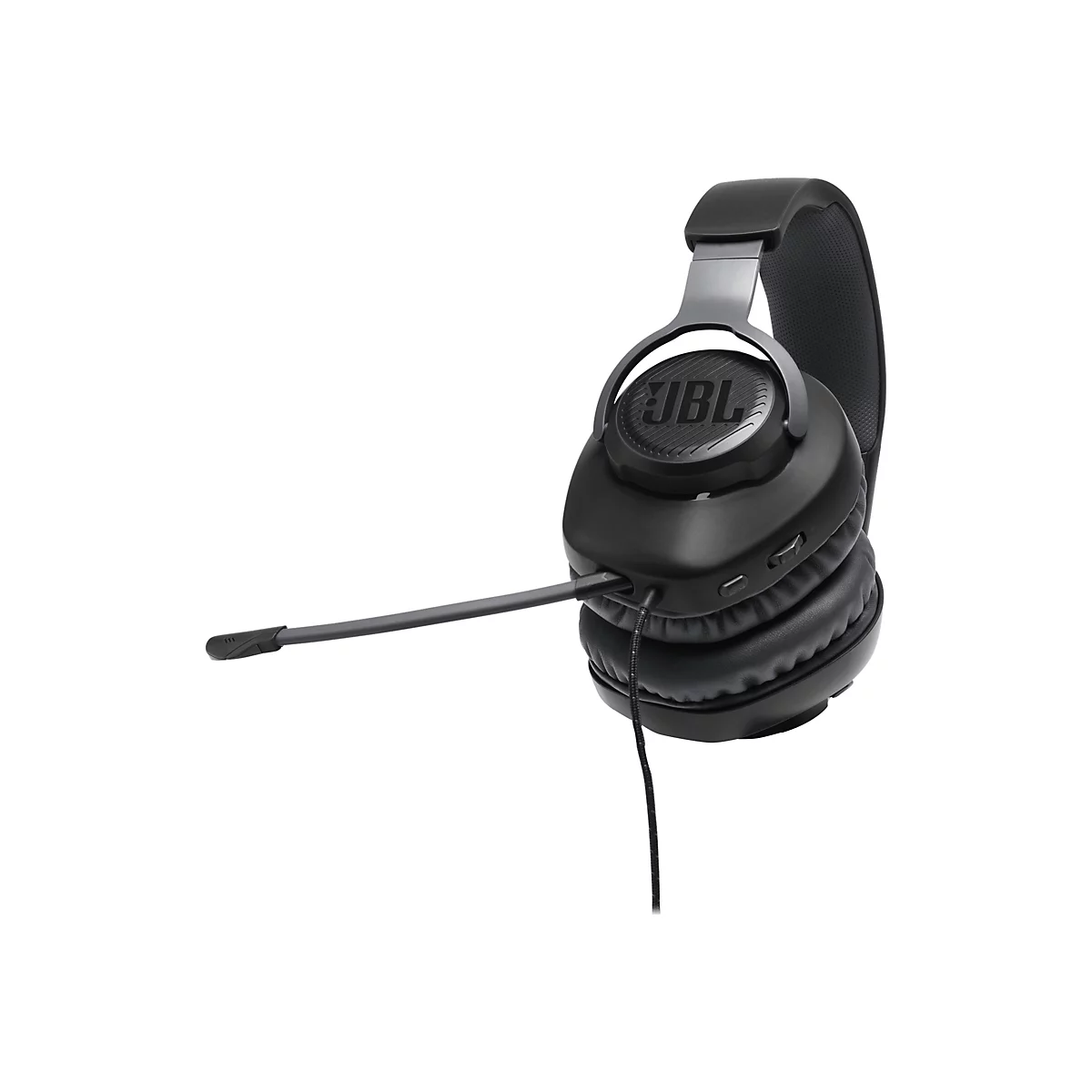 Schwarzer Kopfhörer mit Mikrofon, JBL Logo, Kabel. Ohrmuscheln und Bügel gepolstert.