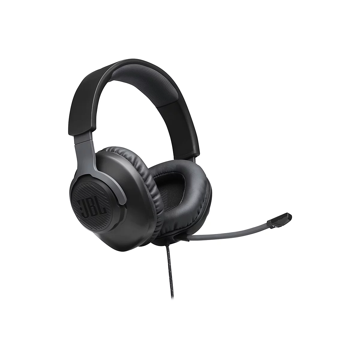 Schwarzes Gaming-Headset mit Mikrofon. Auf dem linken Ohr ist das JBL-Logo zu sehen.